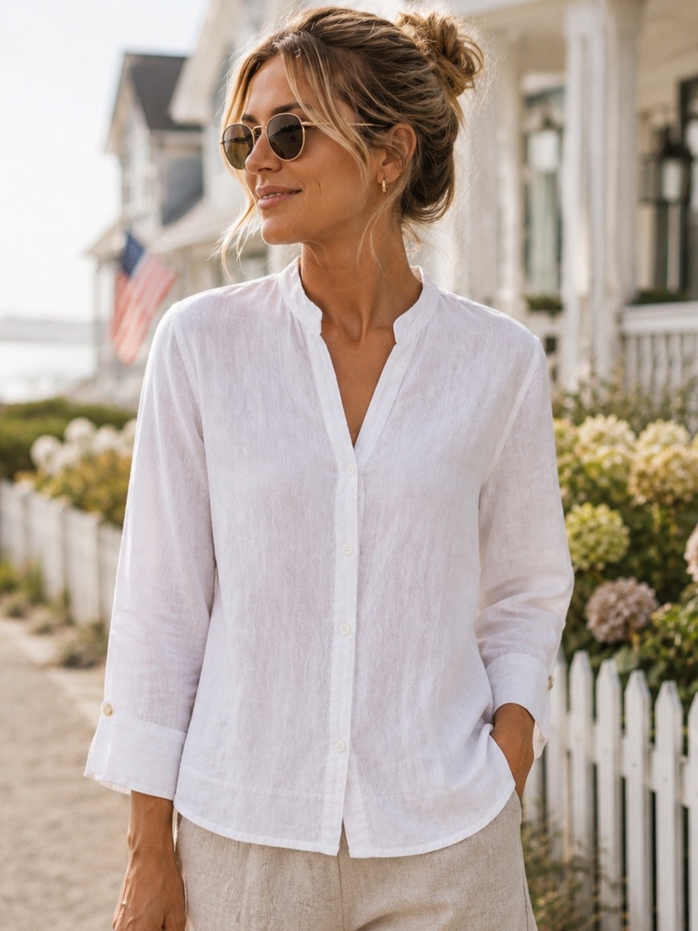 Symple NYC White Linen Blouse Button Front Relaxed Fit Coastal Top